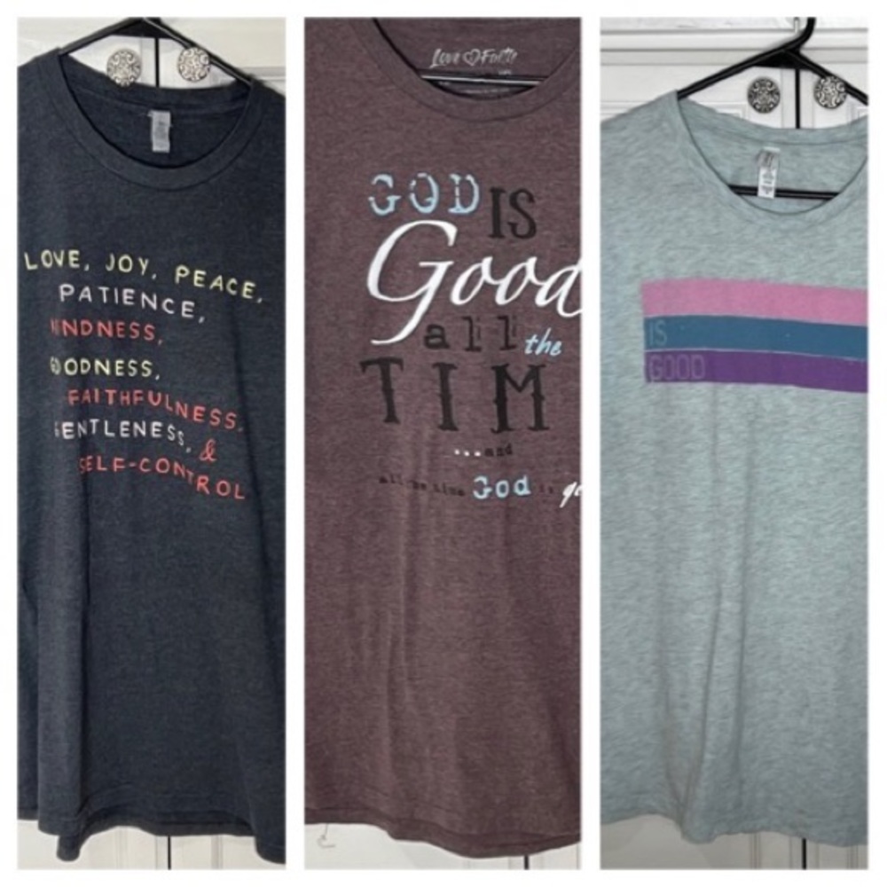 Lot of 3 Tshirts of Faith. Scripture Tshirts  XL. Gray, Purple and Light Blue